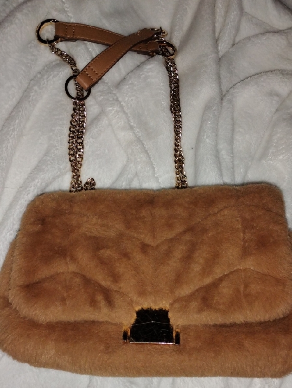 Faux Fur Shoulder Bag in Camel with Chain Strap